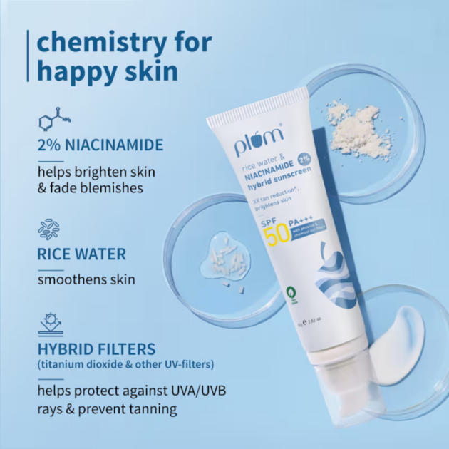 Plum 2% Niacinamide Sunscreen with Rice Water SPF 50 PA+++ UVA/B - Reduces Tan, No White Cast - Image 4