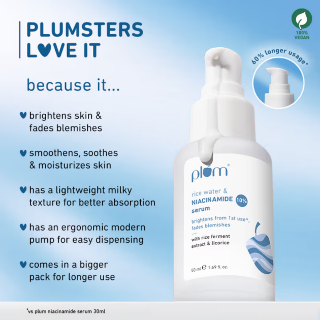 Plum 10% Niacinamide Brightening Face Serum With Rice Water & Ferment - Fades Blemishes & Acne Marks - Image 5