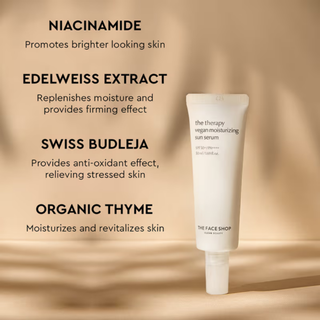 The Face Shop Vegan Korean Sunscreen Serum SPF 50+ PA++++ with Niacinamide & No White Cast (50ml) - Image 2