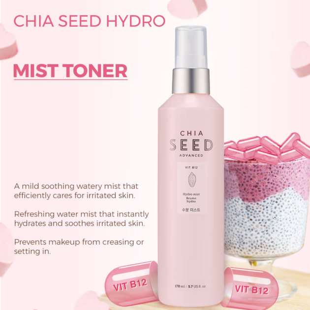 The Face Shop Chia Seed Hydro Mist with Vit B12 & Hyaluronic Acid, Mist Toner for 24HR Hydration (165ml) - Image 2