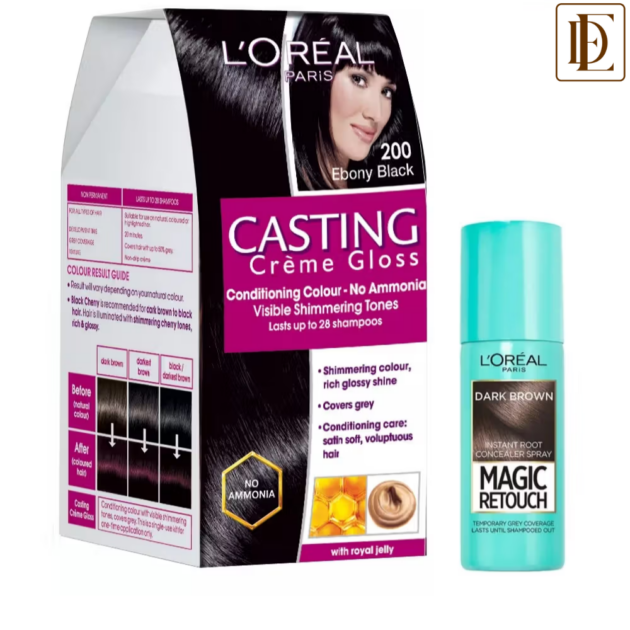 L'Oreal Paris Casting Creme Gloss Hair Color - 200 Ebony Black + Magic Retouch Instant Root Concealer - 2 Dark Brown