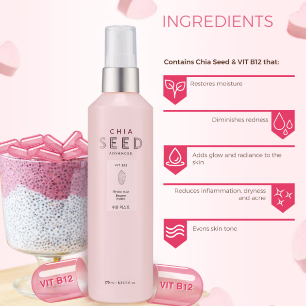 The Face Shop Chia Seed Hydro Mist with Vit B12 & Hyaluronic Acid, Mist Toner for 24HR Hydration (165ml) - Image 3