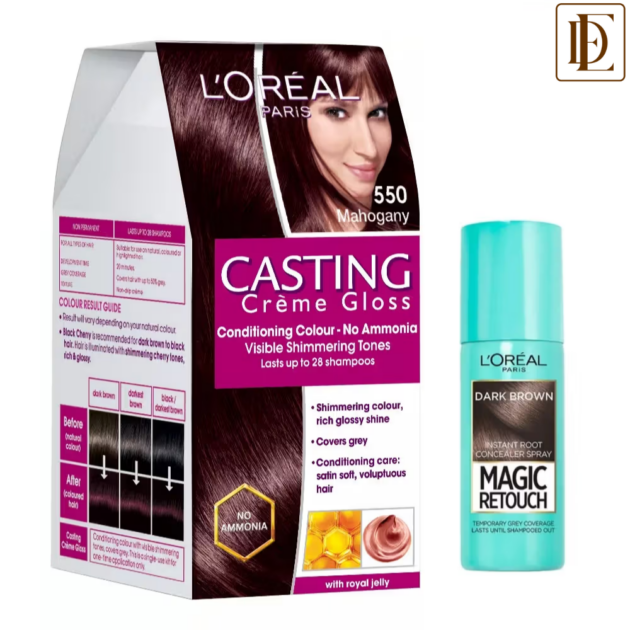 L'Oreal Paris Casting Creme Gloss Hair Color - Mahogany + Magic Retouch Instant Root Concealer - 2 Dark Brown