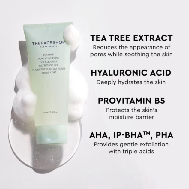 The Face Shop Tea Tree Gel Cleanser - Korean Face Wash with AHA, BHA, PHA & Hyaluronic Acid for Acne (150ml) - Image 4