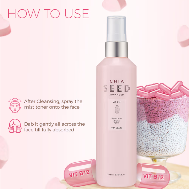 The Face Shop Chia Seed Hydro Mist with Vit B12 & Hyaluronic Acid, Mist Toner for 24HR Hydration (165ml) - Image 4