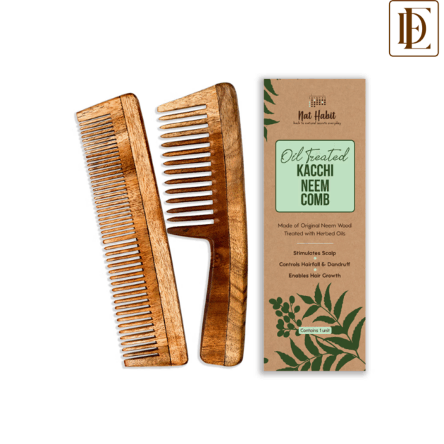Nat Habit Oil Treated Kacchi Neem Handmade Wooden Comb - Dual + Wide Tooth Hairfall Reduction Combo (2 Pcs)