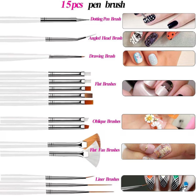 Bronson Professional Nail Art Kit Brush Set Acrylic Uv Polish Brushes Tool Kit (15Pcs) - Image 2