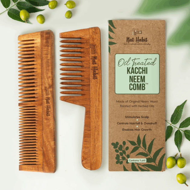 Nat Habit Oil Treated Kacchi Neem Handmade Wooden Comb - Dual + Wide Tooth Hairfall Reduction Combo (2 Pcs) - Image 2