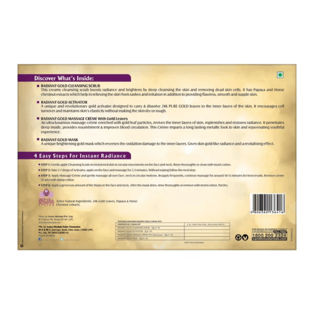 Lotus Herbals Radiant Gold Cellular Glow Facial Kit (37g) - Image 2