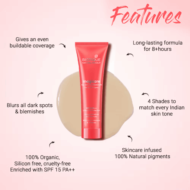 Biotique Natural Makeup Magicare All Day Foundation SPF 15 PA++ Seashell F601 (30ml) - Image 2