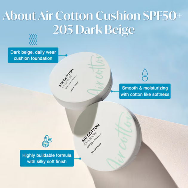 The Face Shop Air Cotton Cushion SPF 50+ PA++++ - 205 Dark Beige (12 g) - Image 3