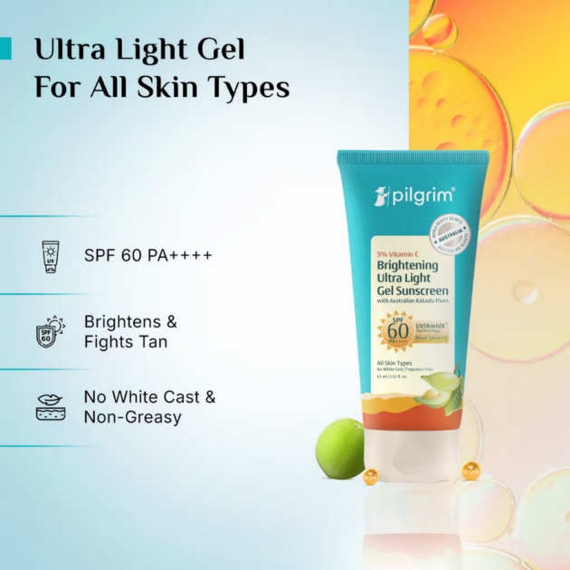 Pilgrim 5% Vitamin C Brightening Ultra Light Gel Sunscreen SPF 60 PA++++ With Australian Kakadu Plum (45ml) - Image 4